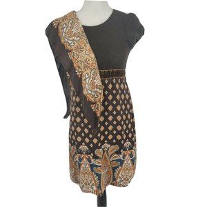 Rinascimento Wool Blend Sheath Dress Brown Paisley Shoulder Scarf Women's Medium